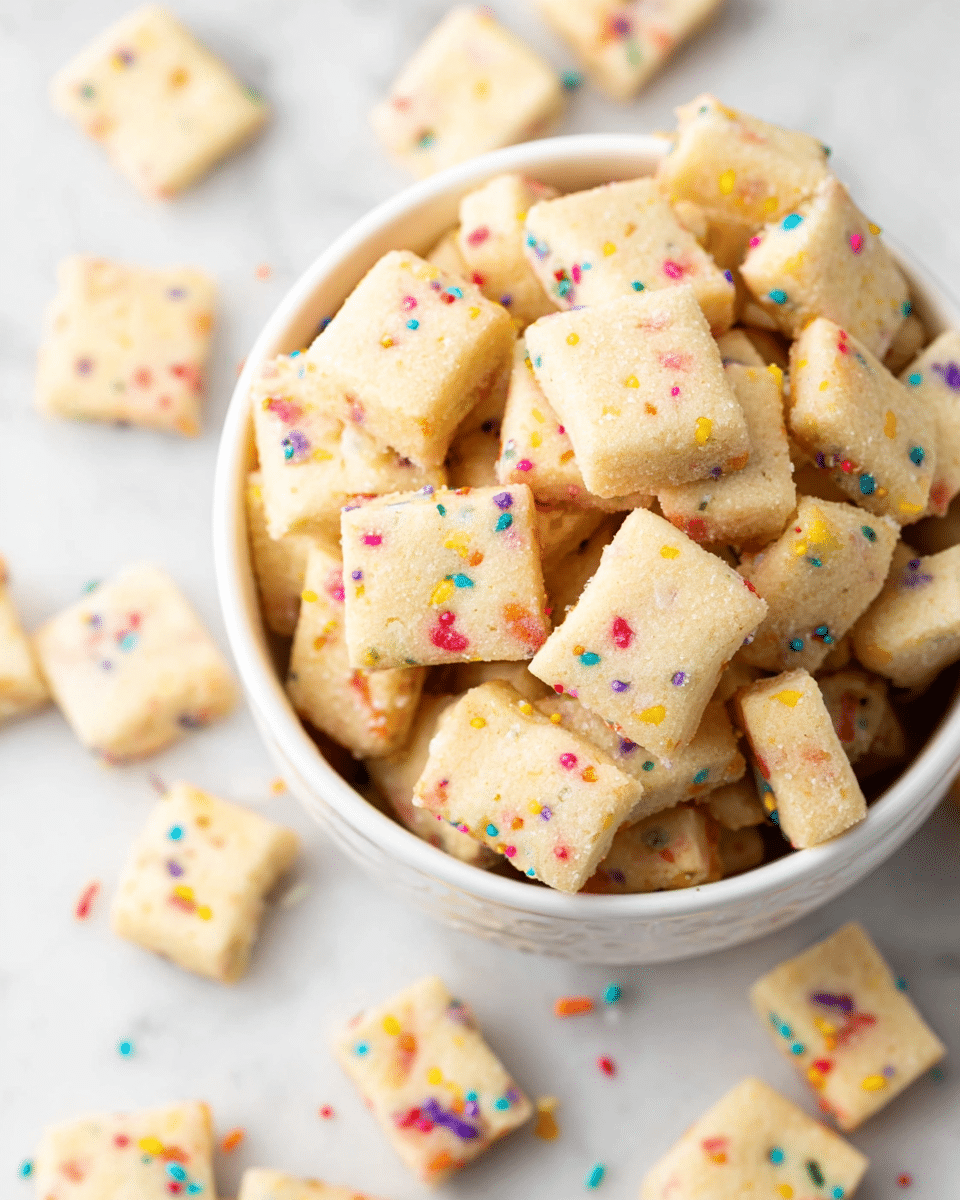 A close-up view of a white bowl filled to the top with small square-shaped cookies that are light beige in color. Each cookie has tiny colorful sprinkles scattered throughout, in colors like red, yellow, green, blue, and purple, adding a festive look. Some cookies are scattered around the bowl on a white marbled surface, giving a casual and playful touch. The cookies have a smooth, slightly crumbly texture visible on their edges. Photo taken with an iphone --ar 4:5 --v 7