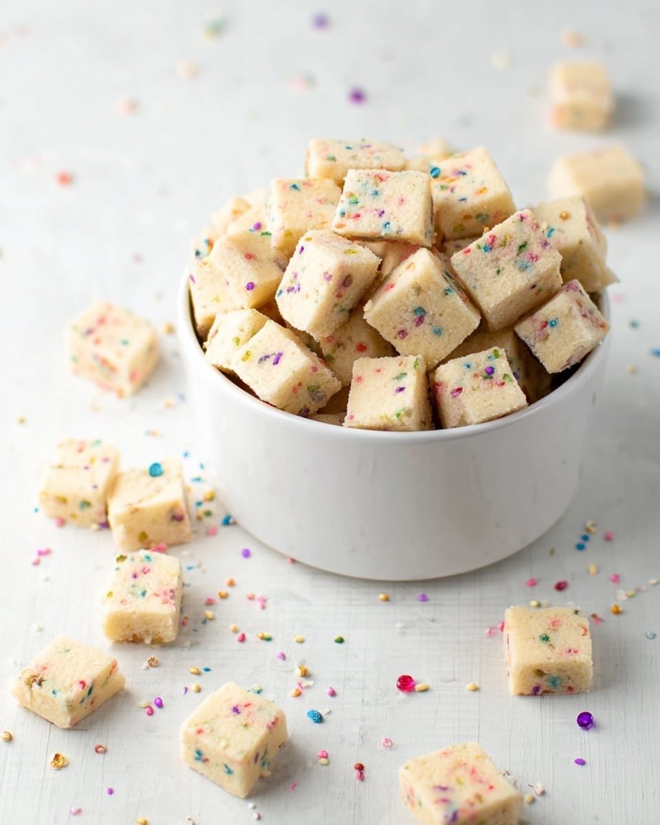 A white bowl filled with many small square cookie pieces, each pale beige with colorful tiny round sprinkles embedded throughout. The bowl is full, with some cookie squares scattered loosely around it on a white marbled textured surface, adding a casual feel. The cookie pieces have a smooth, slightly crumbly texture and are uniformly cut, showing their consistent shape and size. The scene is bright and clean with soft lighting highlighting the pastel colors of the sprinkles. photo taken with an iphone --ar 4:5 --v 7