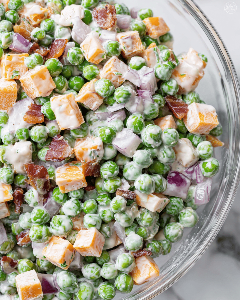 The image shows a close-up of a salad in a clear glass bowl filled mainly with green peas coated in a creamy white dressing. Mixed throughout the peas are small cubes of orange cheese, crunchy brown bacon pieces, and bits of chopped purple-red onion, all evenly spread throughout the dish. The textures are smooth from the dressing, with firm peas and cheese, and crisp bacon adding contrast. The bowl is placed on a white marbled surface. photo taken with an iphone --ar 4:5 --v 7