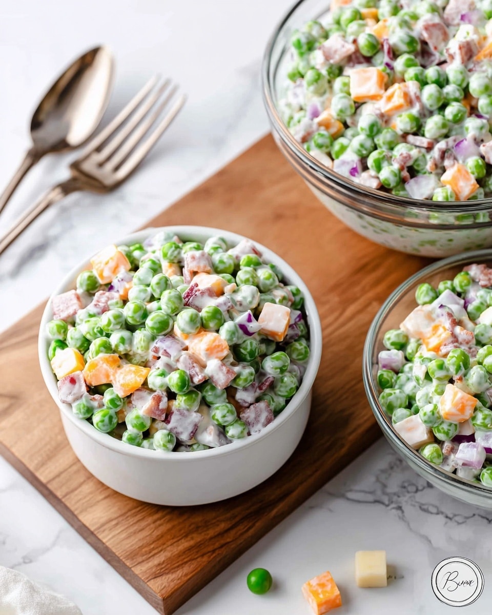 This image shows two white bowls and one clear glass bowl filled with a fresh pea salad placed on a wooden board over a white marbled surface. The salad has three main layers mixed together: bright green peas, small cubes of orange cheddar cheese, and bits of light pink bacon, all coated in a creamy white dressing. There are also small pieces of purple onion scattered evenly throughout the salad. Two silver forks rest near the top glass bowl, and a few loose peas and cheese cubes are scattered around on the white marbled background. Photo taken with an iphone --ar 4:5 --v 7