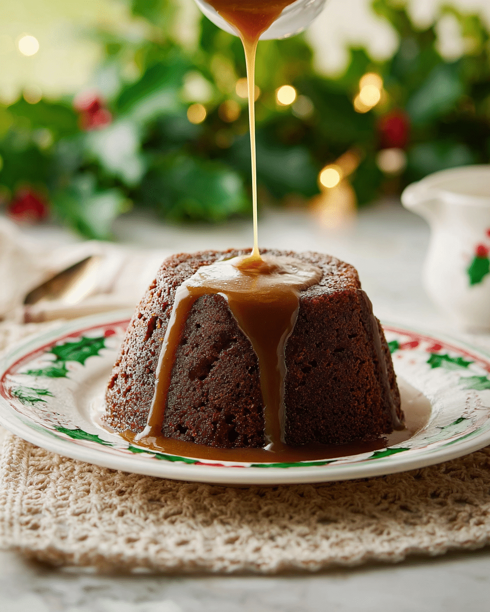 A round, dome-shaped dark brown cake with a rough, moist texture is placed in the center of a white plate decorated with green holly leaves and red berries along the border; thick, shiny caramel sauce is being poured on top, flowing down the sides in smooth ribbons that pool gently at the base, all set on a beige crocheted cloth over a white marbled surface, with soft green leaves and small fairy lights blurred in the background for a festive look photo taken with an iphone --ar 4:5 --v 7