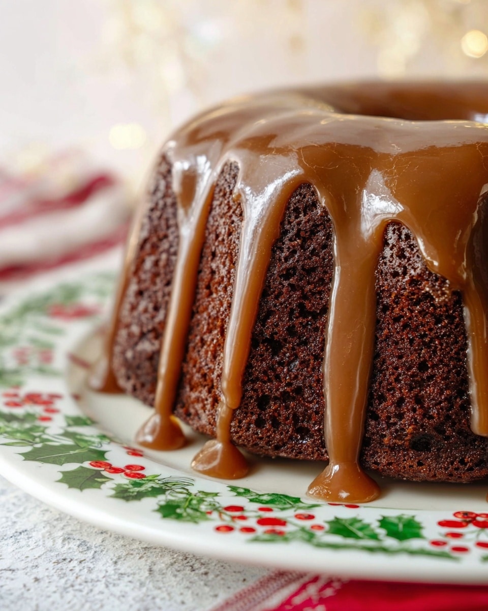 The image shows a close-up of a rich, dark brown chocolate bundt cake with a moist and slightly crumbly texture. The cake is covered with a thick layer of glossy caramel glaze that drips down the sides in smooth, shiny ribbons. The cake sits on a white plate decorated with red and green holly berry and leaf patterns, positioned on a white marbled textured surface. Photo taken with an iphone --ar 4:5 --v 7