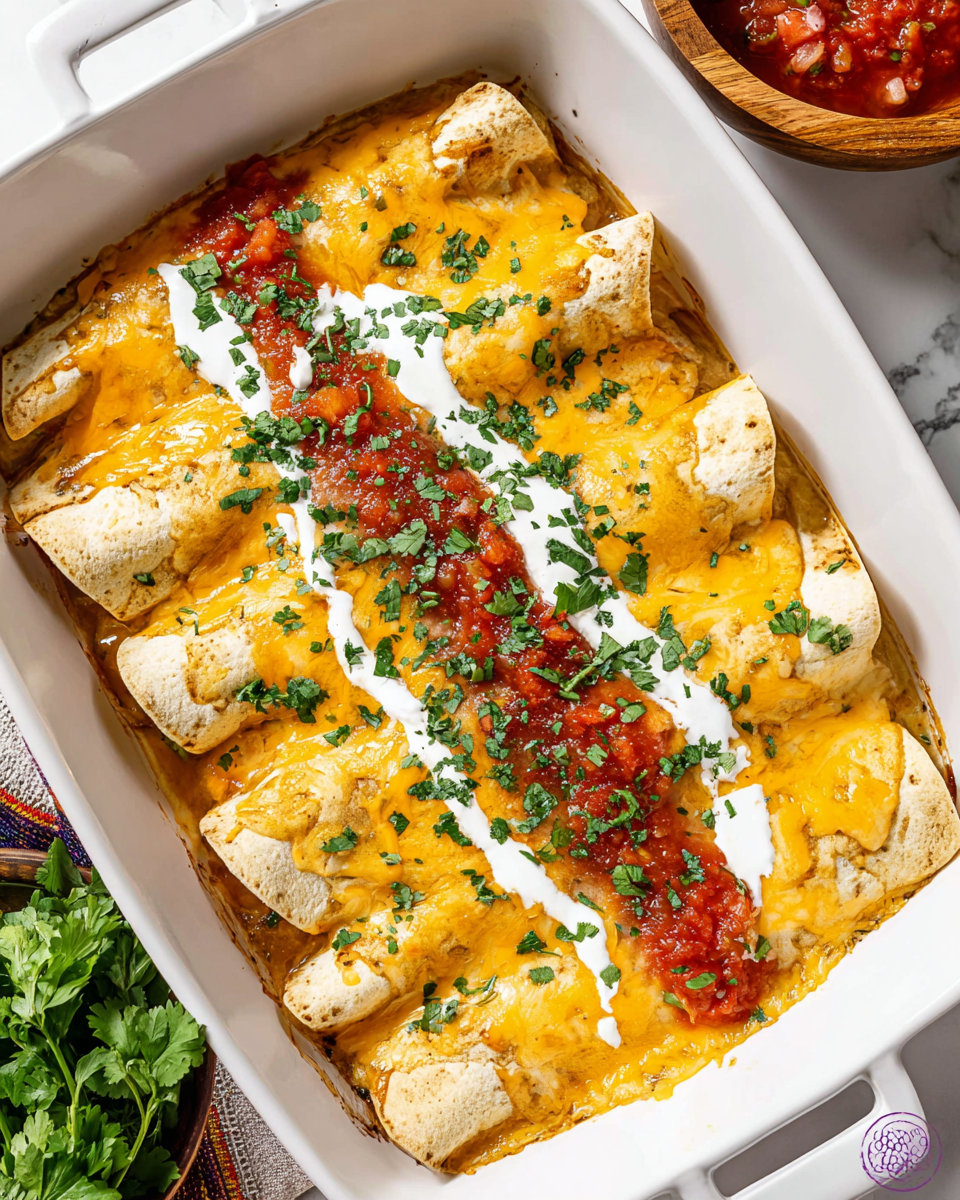 A white casserole dish holds a layer of rolled tortillas filled with a mix, covered with melted yellow cheddar cheese creating a gooey, slightly browned topping; a line of bright red salsa is spread down the middle, topped by a drizzle of smooth white sour cream and sprinkled with chopped fresh green cilantro leaves, adding a fresh color contrast. The edges of the tortillas peek out, showing a soft beige color, with some bubbling cheese around the edges. The dish sits on a white marbled surface with a glimpse of a wooden bowl containing red salsa and fresh green herbs nearby. photo taken with an iphone --ar 4:5 --v 7
