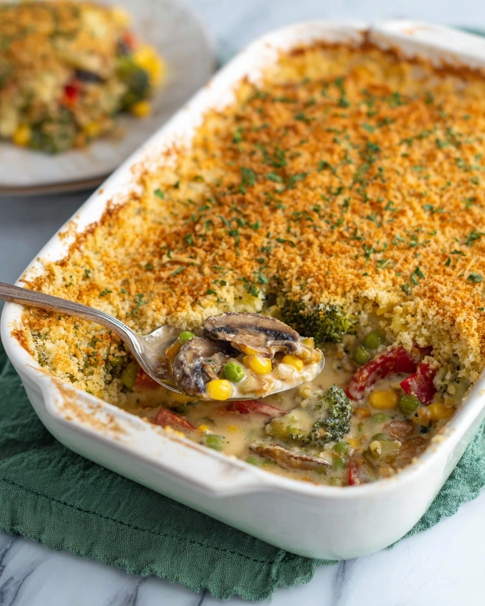 The image shows a white rectangular casserole dish filled with a vegetable bake. The dish has a golden brown, crispy breadcrumb and cheese topping sprinkled with green herbs. Inside, there are colorful visible ingredients including green broccoli florets, yellow corn, red pepper strips, green peas, and sliced mushrooms in a creamy sauce. A silver spoon is scooping the mixed vegetables and sauce from the bottom right corner of the casserole, revealing the layers beneath the crunchy top. The dish rests on a green cloth on a white marbled surface, and a blurred white plate with more of the vegetable bake is seen in the background. Photo taken with an iphone --ar 4:5 --v 7