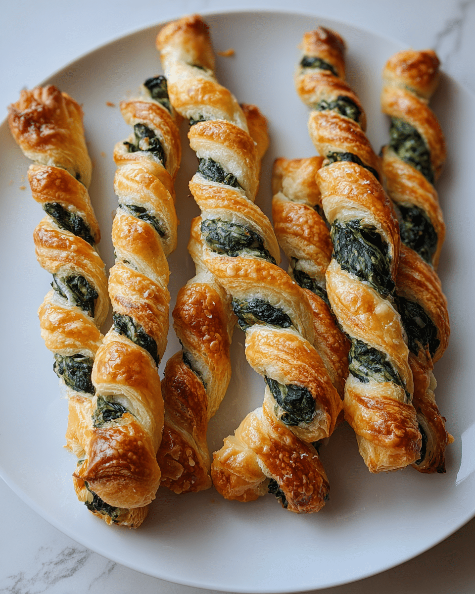 A white plate holds seven twisted pastry sticks, each with layers of golden-brown, flaky puff pastry wrapped around a dark green spinach filling. The puff pastry is shiny with a lightly crispy texture, showing multiple thin layers that wrap around the spinach in a spiral pattern. The spinach filling is visible through the twisted gaps, adding a deep green color contrast against the warm golden tones of the pastry. The plate sits on a white marbled surface. photo taken with an iphone --ar 4:5 --v 7