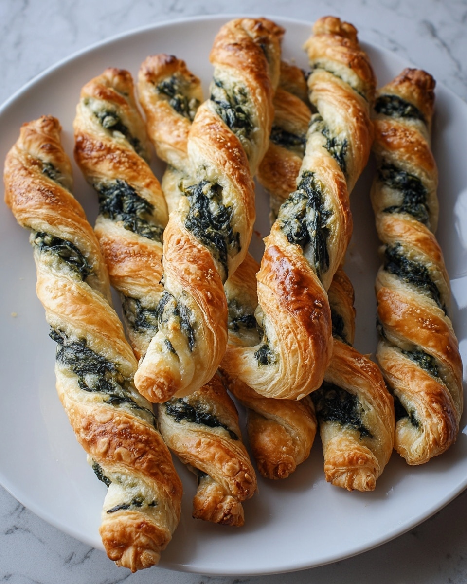 The image shows a white plate holding several golden-brown puff pastry twists filled with dark green spinach and light creamy cheese. Each twist has a flaky, layered texture with the filling visible through spiraled openings along the length of the pastries. The pastries have a shiny, slightly crisp surface with some darker toasted edges. The plate sits on a white marbled surface. photo taken with an iphone --ar 4:5 --v 7