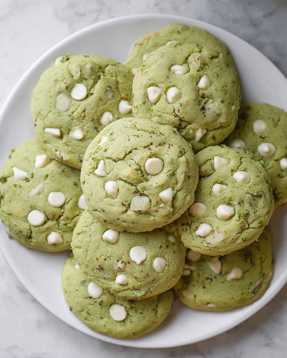 A close-up top view of a pile of ten round, soft green cookies stacked on a white plate. Each cookie has a slightly cracked surface with small white chocolate chips scattered unevenly on top. The texture looks soft and slightly crumbly, with small bits of darker green and brown mixed within the cookie dough. The plate is set on a white marbled surface. photo taken with an iphone --ar 4:5 --v 7