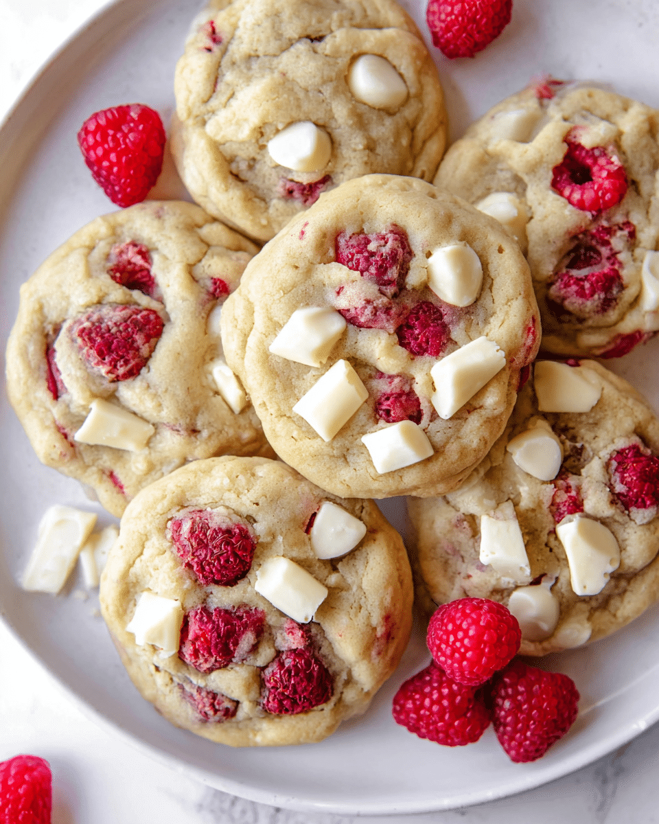 Several cookies are spread on a white plate with slight round edges, all resting on a white marbled surface. Each cookie has a light beige base with visible texture from the baked dough. On top of the cookies, there are two types of toppings: bright red raspberries, some whole and some slightly crushed, and chunks of creamy white chocolate arranged unevenly on the surface. The cookies have a soft, slightly thick appearance with some cracks showing the airy inside. A few loose raspberries are scattered around the cookies on the plate. photo taken with an iphone --ar 4:5 --v 7