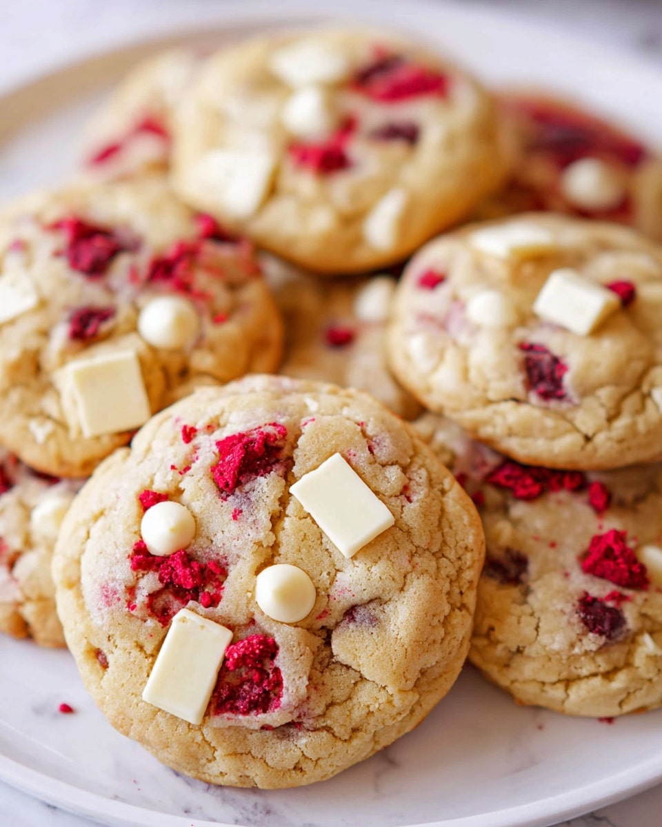 The image shows a close-up of several soft cookies on a white plate. Each cookie has a light golden-brown dough base with textured cracks. On top, there are bright red pieces of freeze-dried raspberries and chunks of white chocolate scattered unevenly over the surface. The cookies look thick and slightly puffy, with a mix of smooth and crumbly textures. The background is a white marbled texture. photo taken with an iphone --ar 4:5 --v 7