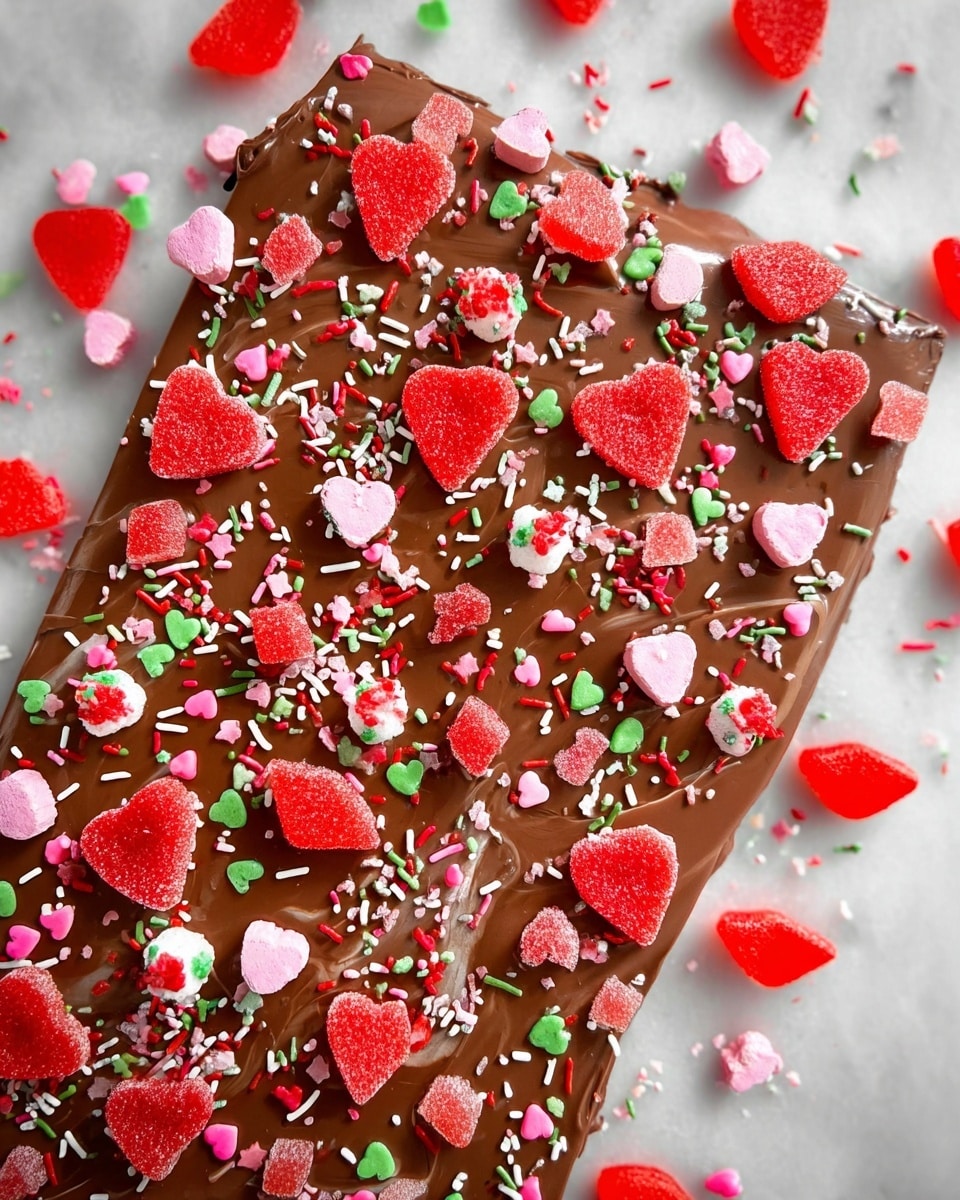 A flat layer of smooth, rich brown chocolate spread thinly on a white marbled surface, covered with bright red, sugar-coated gummy hearts and lips scattered evenly across the top. Small colorful sprinkles in pink, green, red, and white, shaped like rods, dots, roses, and leaves, fill in the gaps between the gummies. Extra red gummies lie around the edges on the marbled surface, adding a playful touch to the scene. photo taken with an iphone --ar 4:5 --v 7