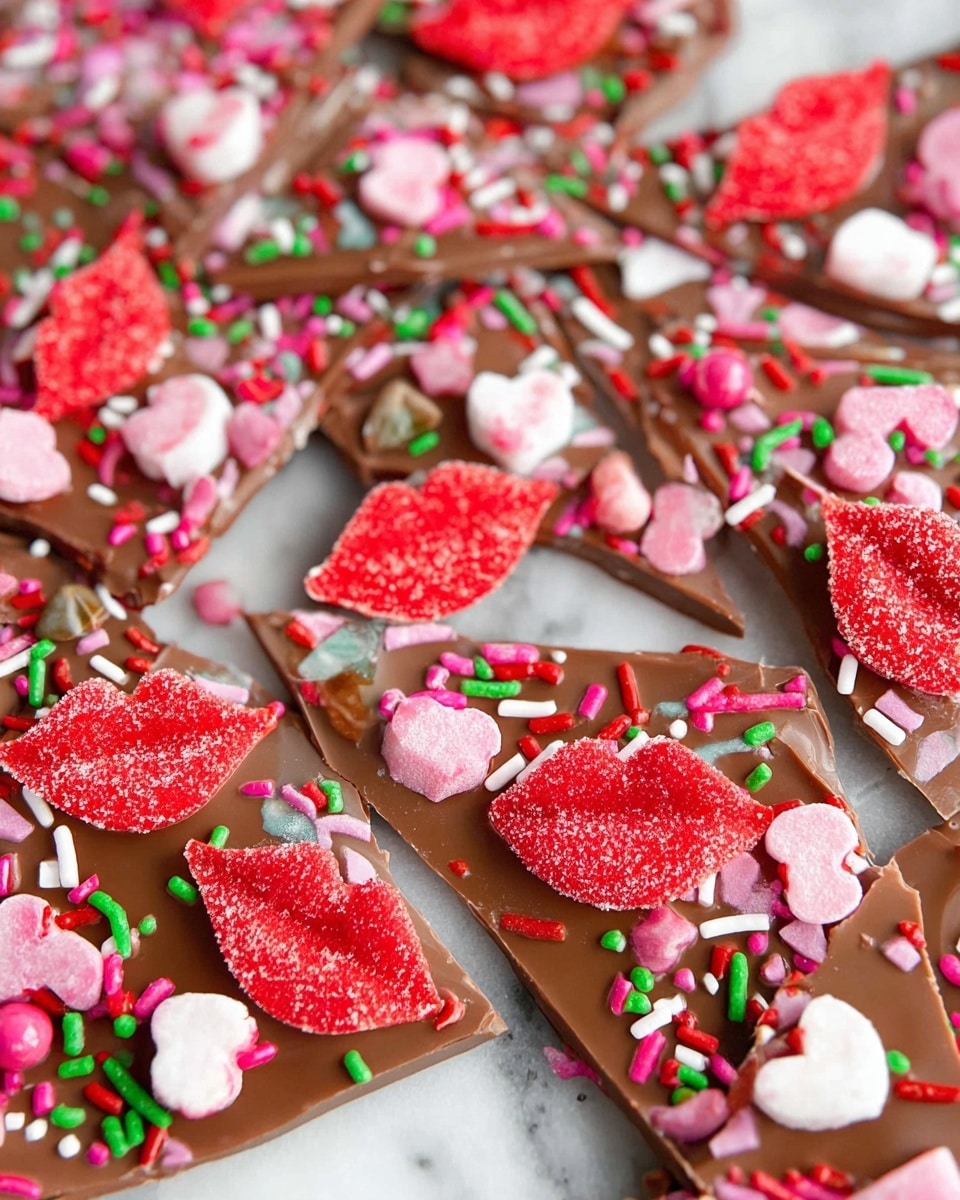 The image shows broken pieces of milk chocolate bark spread out on a white marbled surface. The chocolate has a smooth, glossy texture and is decorated with multiple layers of colorful toppings. On top, there are bright red heart-shaped candies and lips-shaped candies coated with sugar, creating a rough texture. Scattered among these are small pink and white flower-shaped candies and various pink, red, and green sprinkles in different shapes and sizes, including dots and rods. The decorations add a festive and playful look with vibrant colors contrasting against the brown chocolate. Photo taken with an iphone --ar 4:5 --v 7