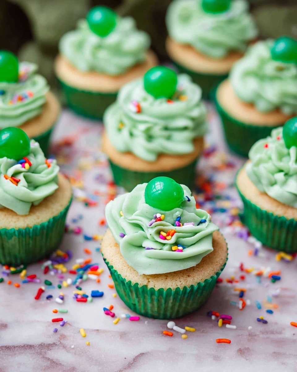 The image shows several small cupcakes on a white marbled surface, each with a green base liner and a light tan cake layer. On top of each cupcake is a swirl of light green frosting that looks fluffy and smooth. The frosting is decorated with small round green candies that have a slightly shiny, sugared texture. Around the cupcakes and sprinkled on the surface are colorful rainbow sprinkles in red, yellow, blue, green, and white, adding bright spots of color. The cupcakes are spaced close together and viewed from a slightly top angle. photo taken with an iphone --ar 4:5 --v 7