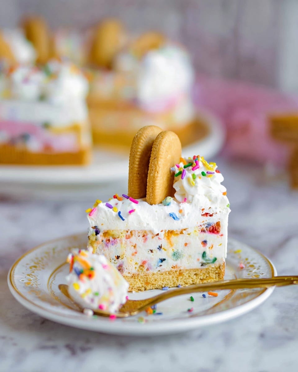 A slice of a colorful layered cake sits on a white plate with gold trim, placed on a white marbled surface. The cake has three visible layers: a dense golden crust at the bottom, a thick middle layer of white cream mixed with colorful sprinkles, and a fluffy white whipped cream top sprinkled with more rainbow sprinkles. Two golden sandwich cookies stand vertically in the center of the cream layer on top. In front of the slice, a white plate holds a single spoonful of the same cake, showing the layers and sprinkles clearly. In the background, a blurred whole cake with similar layers and decorations is visible. Photo taken with an iphone --ar 4:5 --v 7