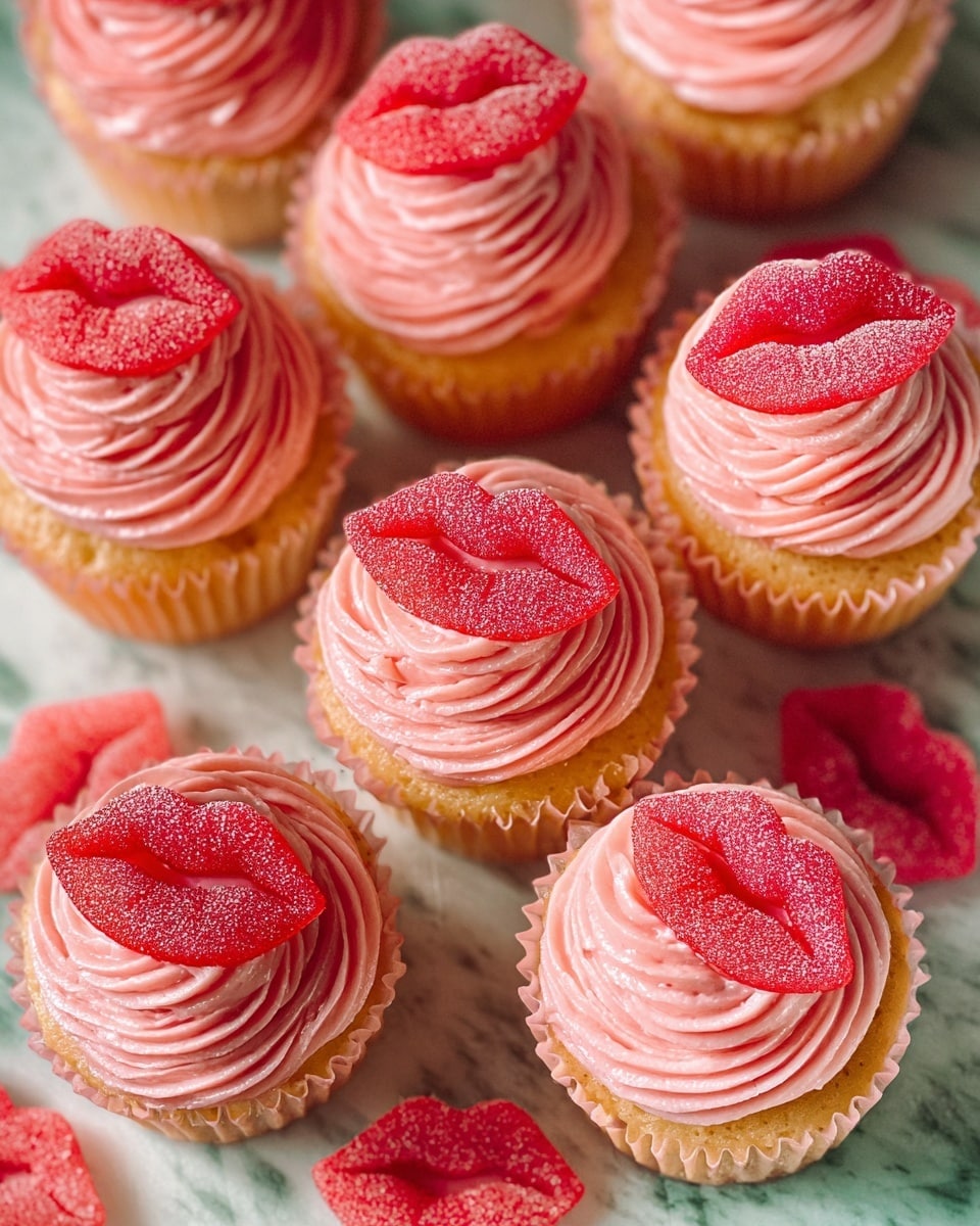 The image shows nine small cupcakes arranged closely on a white marbled surface. Each cupcake has three layers: a golden yellow cake base, a thick swirl of smooth pink frosting on top, and a red lip-shaped candy sitting on the center of the frosting. The cupcakes are in light pink paper liners, and extra red lip-shaped candies are scattered around them on the surface. The frosting is textured with soft ridges from piping, and the candies have a sugary coating that gives them a slightly sparkling look. photo taken with an iphone --ar 4:5 --v 7