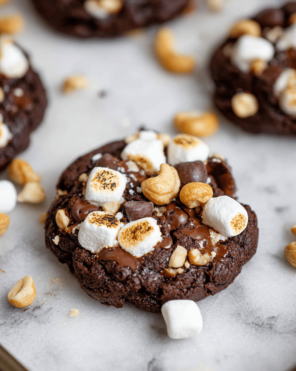 The image shows a close-up of a single thick chocolate cookie on a white marbled textured surface, with a rough, uneven shape and a dark brown, glossy texture. The cookie is topped with pieces of toasted white marshmallows that have brown spots, light tan cashew nuts, and dark chocolate chips, all scattered unevenly over the surface and partly melted into the cookie. Around the cookie on the white marbled surface, there are extra pieces of white marshmallows, whole and broken cashews, and small chocolate chips. In the background, other similar cookies are partially visible but blurred. Photo taken with an iphone --ar 4:5 --v 7