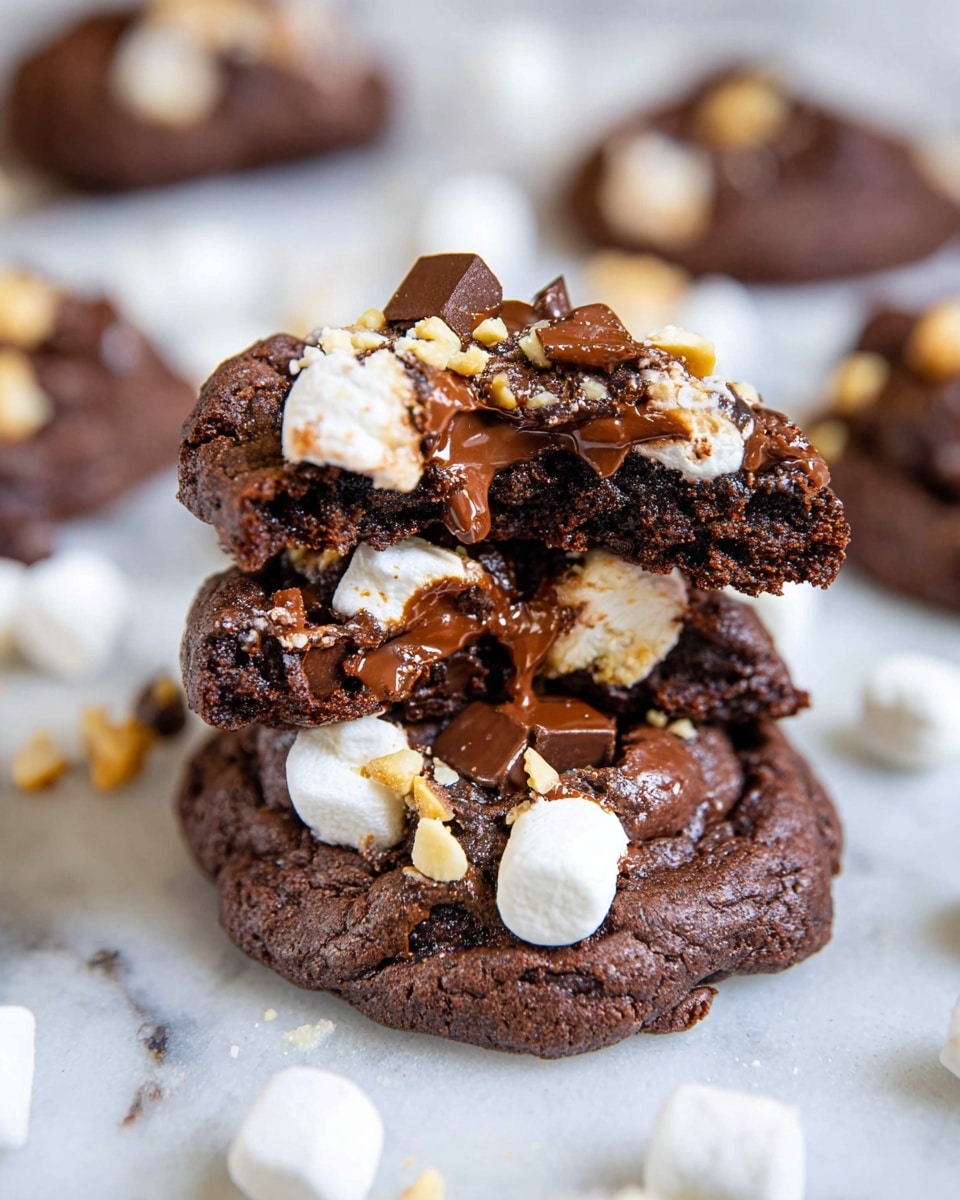 A close-up of a stack of two thick, dark brown chocolate cookies with a soft, slightly cracked texture, each cookie filled and topped with melted chocolate pieces and small white marshmallows with some light browning. The cookies sit on a white marbled surface scattered with mini white marshmallows and small light brown nut pieces. The top cookie is broken in half, showing gooey melted chocolate and marshmallow inside. Photo taken with an iphone --ar 4:5 --v 7