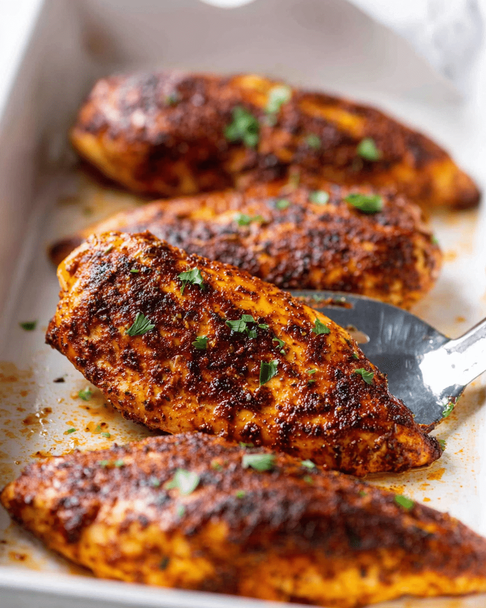 The image shows three cooked chicken breasts arranged in a white baking dish on a white marbled surface. Each chicken breast is covered with a rich, dark brown spice rub, giving them a textured, slightly crispy skin look with visible char marks. The chicken pieces have a shiny, glazed appearance with some small scattered green herb bits on top, possibly parsley, adding a fresh touch. The middle chicken breast is being lifted by a metal spatula, emphasizing the juicy and well-seasoned texture. The background is softly blurred, focusing on the warm tones and appetizing detail of the chicken photo taken with an iphone --ar 4:5 --v 7