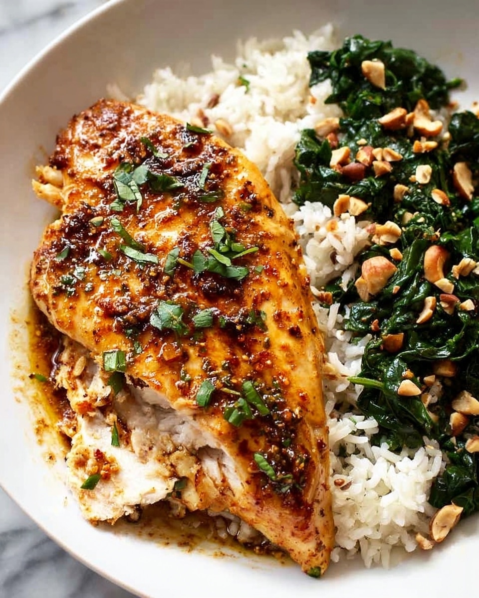 The dish shows a large piece of golden brown chicken breast with a slightly crispy and spiced surface, garnished with small green herb leaves on top. To the right of the chicken is a mix of white rice and dark green cooked spinach, sprinkled with chopped light brown nuts. The chicken is partially cut, revealing a white, tender inside. The meal is served on a white plate, placed on a white marbled surface. photo taken with an iphone --ar 4:5 --v 7