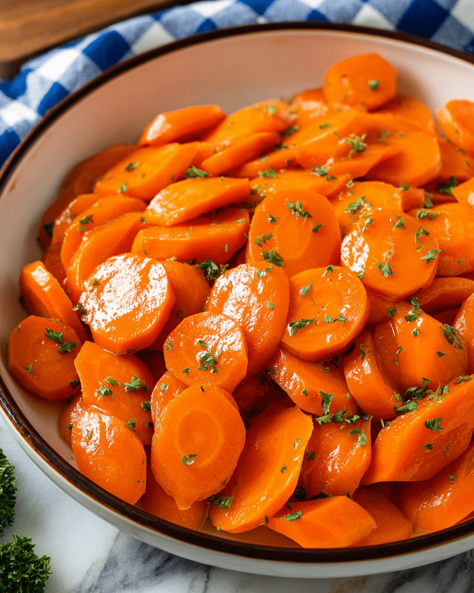 A close-up view of a dish filled with glossy, cooked carrot slices, each slice bright orange and slightly shiny, showing a soft texture. The carrots are cut into thick, round pieces piled evenly to cover the entire bowl, with small bits of chopped green herbs sprinkled on top for a fresh touch. The bowl is white with a dark rim, placed on a white marbled surface, with a blue and white checkered cloth partially visible in the background. The overall look is warm, fresh, and simple. photo taken with an iphone --ar 4:5 --v 7