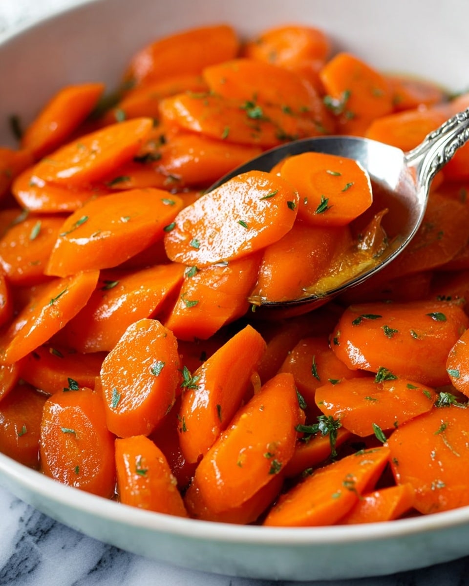 A close-up image of sliced cooked carrots in a white bowl with a glossy, bright orange color, appearing soft and tender, lightly sprinkled with small bits of green herbs scattered on top, and a silver spoon scooping some of the carrot slices from the bowl, all placed on a white marbled texture surface. photo taken with an iphone --ar 4:5 --v 7