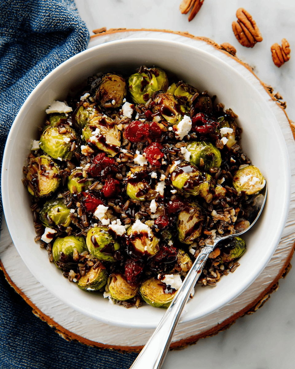 A white bowl filled with a mixture of roasted Brussels sprouts, wild rice, bright red dried cranberries, chunks of white cheese, and small pieces of pecans, all lightly drizzled with a dark balsamic glaze. The Brussels sprouts are cut in halves with caramelized edges, showing green and toasted brown colors. The wild rice adds a textured, dark brown layer, scattered evenly under and between the other ingredients. The white cheese pieces are crumbly and spread over the top, contrasting with the deep reds of the cranberries. A silver spoon rests inside the bowl on the right side. The bowl is placed on a white marbled surface with a white wooden round board underneath and a blue and gray cloth partially visible on the left side. Photo taken with an iphone --ar 4:5 --v 7