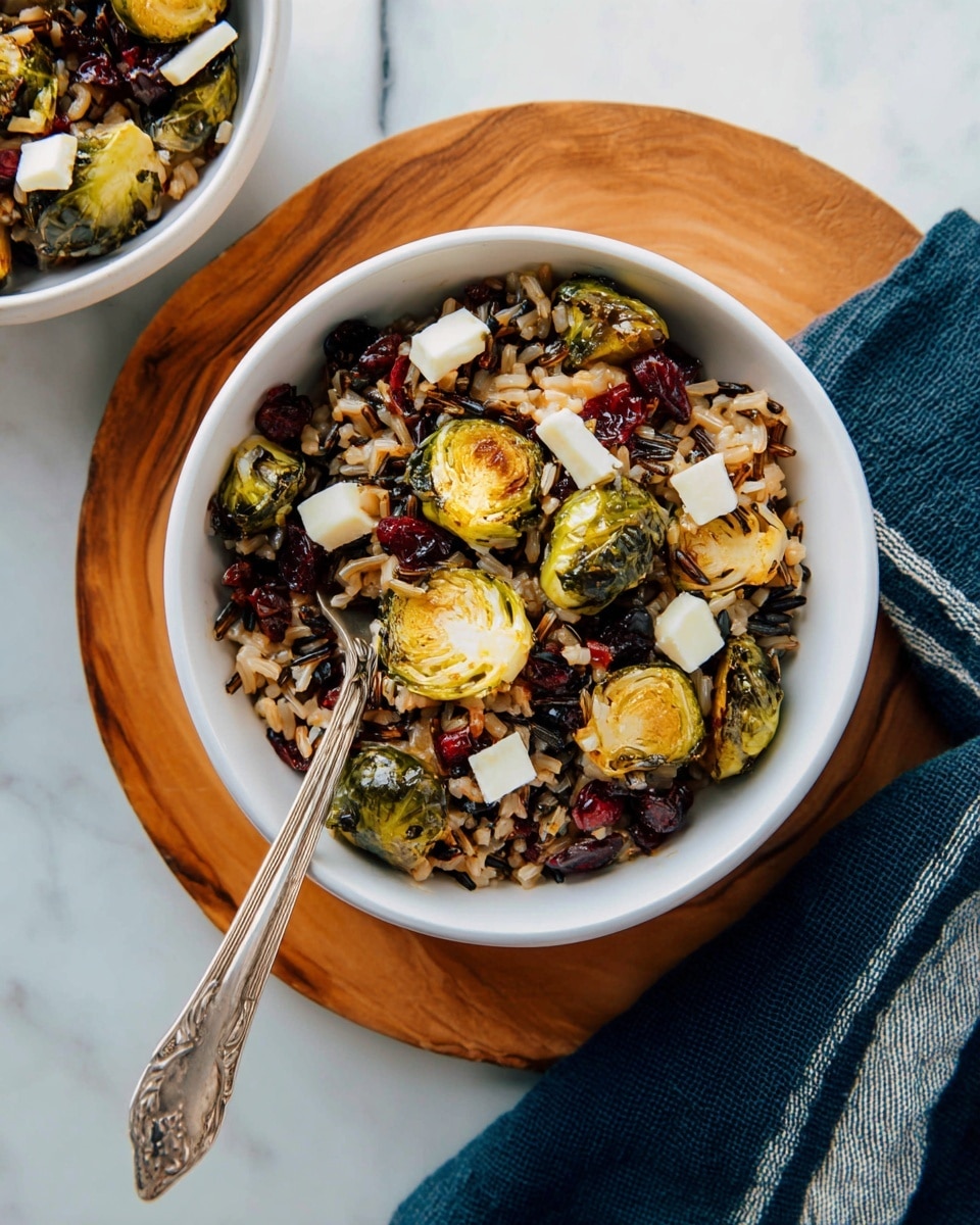 A white bowl filled with a mix of roasted Brussels sprouts, cooked brown rice, wild rice, and small pieces of white cheese scattered on top. The Brussels sprouts are golden brown with a slightly crispy texture, mixed evenly with the rice layers, which show a mix of light brown and dark grains. Small bits of dark red dried cranberries add a pop of color throughout the dish. A silver fork with an ornate handle is placed inside the bowl, resting among the food. The bowl sits on a round wooden board, with a dark blue cloth featuring light grey stripes lying nearby, all set against a white marbled surface. photo taken with an iphone --ar 4:5 --v 7
