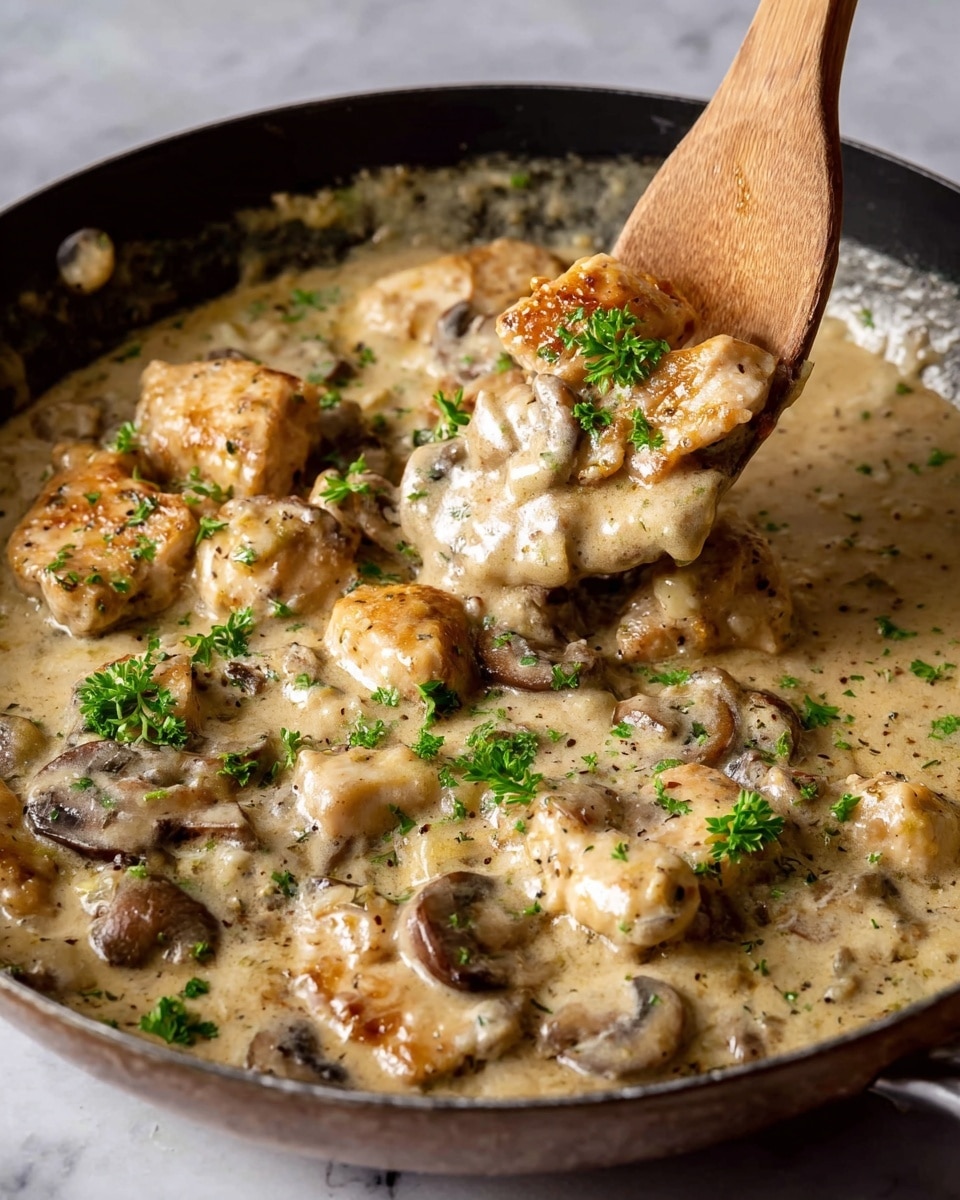 The image shows a pan filled with a creamy sauce that is light beige in color, with browned pieces of chicken and sliced mushrooms scattered evenly throughout. The sauce has a smooth texture with small herbs visible inside. Green chopped parsley is sprinkled on top, adding a fresh pop of color. The pan is metal with a black interior and metal handles, placed on a white marbled surface. A wooden spoon and a white cloth are nearby, along with a small white bowl filled with more chopped parsley. Photo taken with an iphone --ar 4:5 --v 7