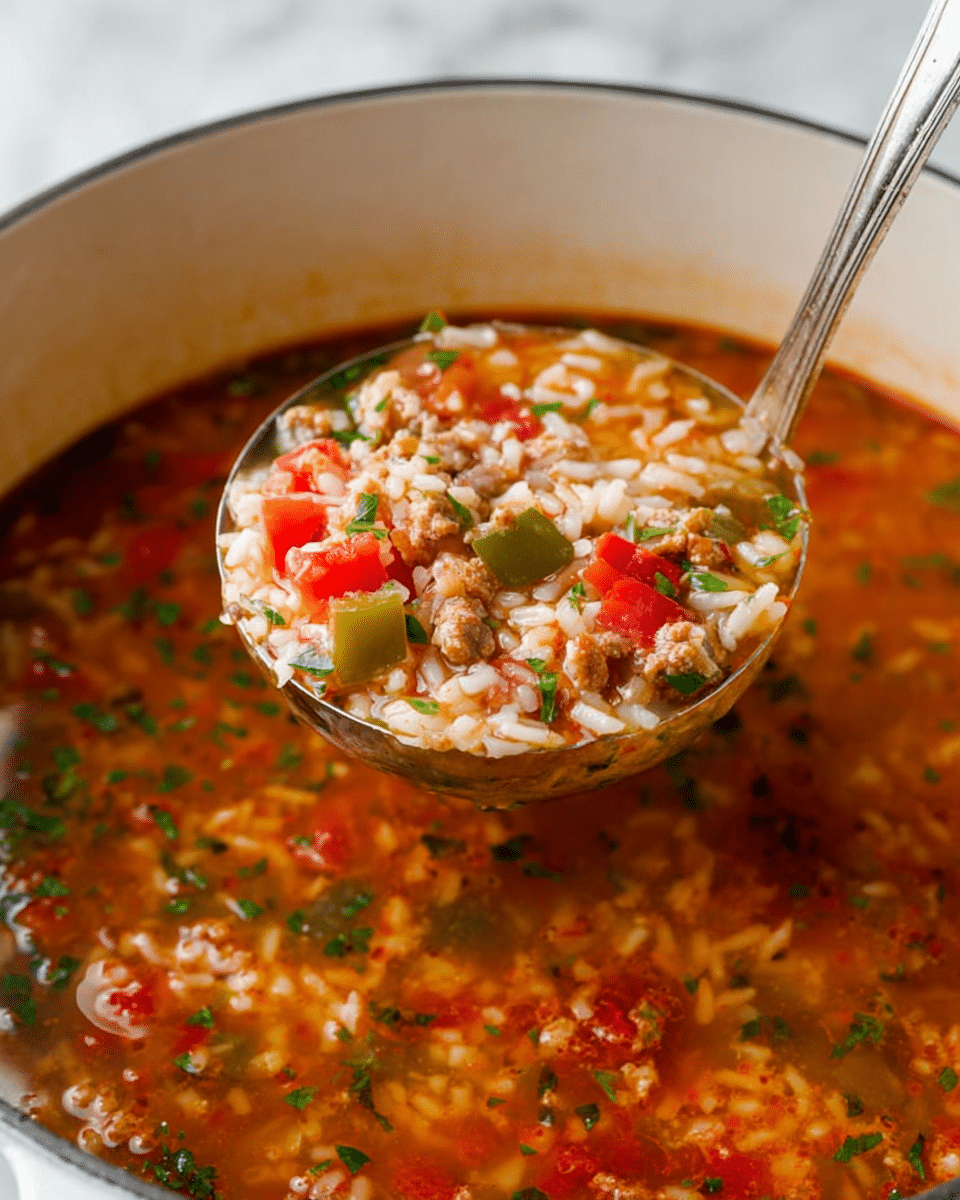 A close-up of a white pot filled with a thick soup made of rice, small chunks of red and green bell peppers, pieces of tomato, bits of ground meat, and chopped green herbs. The soup has a reddish broth with visible grains of white rice and colorful vegetable pieces mixed throughout. A silver ladle holds a scoop of the soup above the pot, displaying the texture of the ingredients clearly. The background is a white marbled surface. photo taken with an iphone --ar 4:5 --v 7