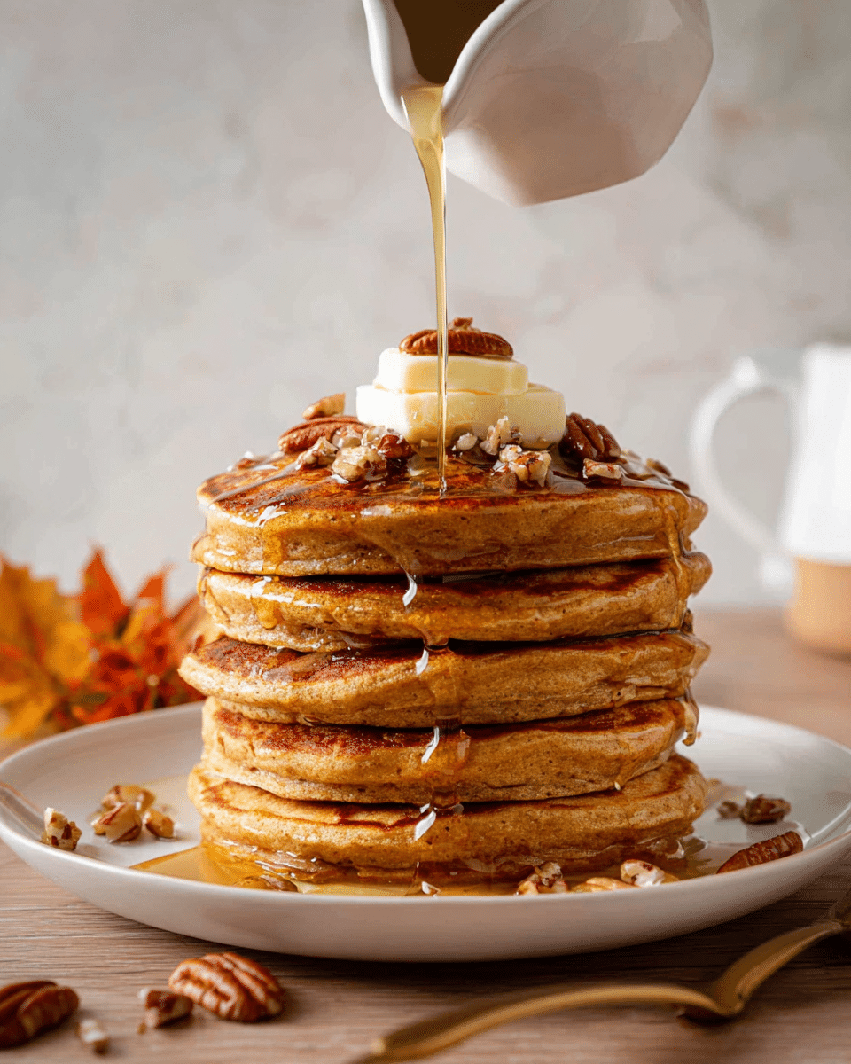 A tall stack of seven thick, fluffy brown pancakes sits on a white plate. On top, two small square pats of butter melt slowly, surrounded by scattered toasted pecans. Golden syrup is being poured over the stack from a white small pitcher held above, creating shiny streams that drip down the sides of the pancakes. The plate rests on a wooden table with a white marbled texture background, and some pecan pieces are scattered around the plate. photo taken with an iphone --ar 4:5 --v 7