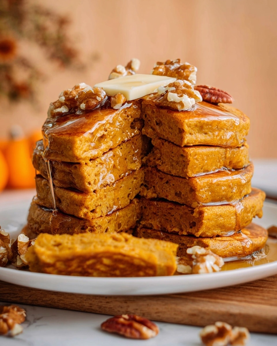 A stack of five thick, fluffy pumpkin-colored pancakes with a light brown texture is shown on a white plate. The top pancake is adorned with a square of melting butter and a few glossy walnuts covered in syrup. Syrup is drizzling down the sides of the pancakes, highlighting their soft and moist inside. In front of the stack, a piece of pancake with syrup glistening on it is placed, and more walnuts are scattered on the plate and wooden surface, which sits on a white marbled texture. The background is softly blurred with warm tones. photo taken with an iphone --ar 4:5 --v 7