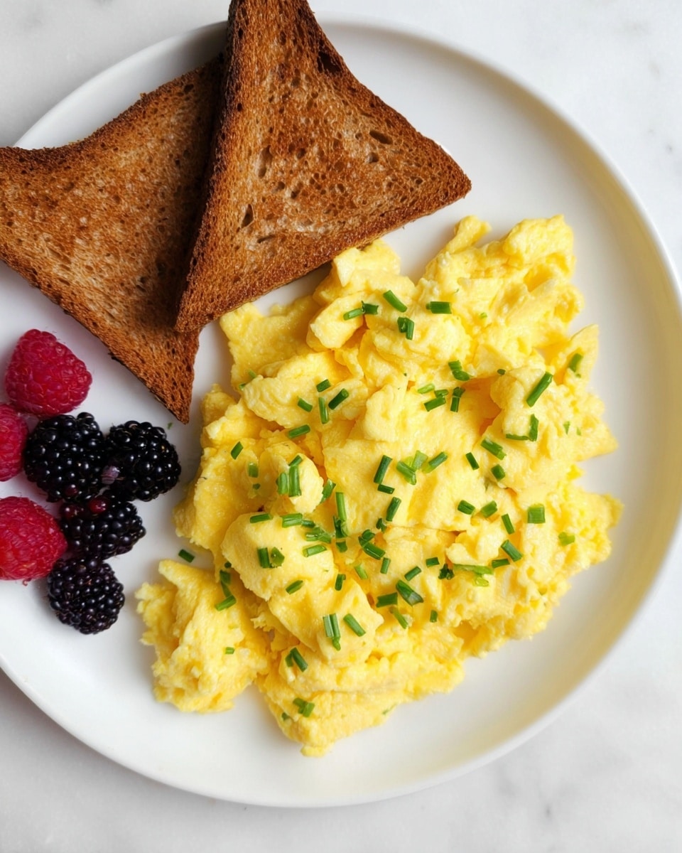 A white plate holds a breakfast with three main parts: in the center and largest, a soft, fluffy pile of bright yellow scrambled eggs sprinkled with small pieces of green chives; at the top left, two triangular slices of toasted brown bread slightly overlapping; and at the bottom left, a small mix of fresh blackberries and raspberries adding dark purple and red colors. The plate rests on a white marbled surface. photo taken with an iphone --ar 4:5 --v 7