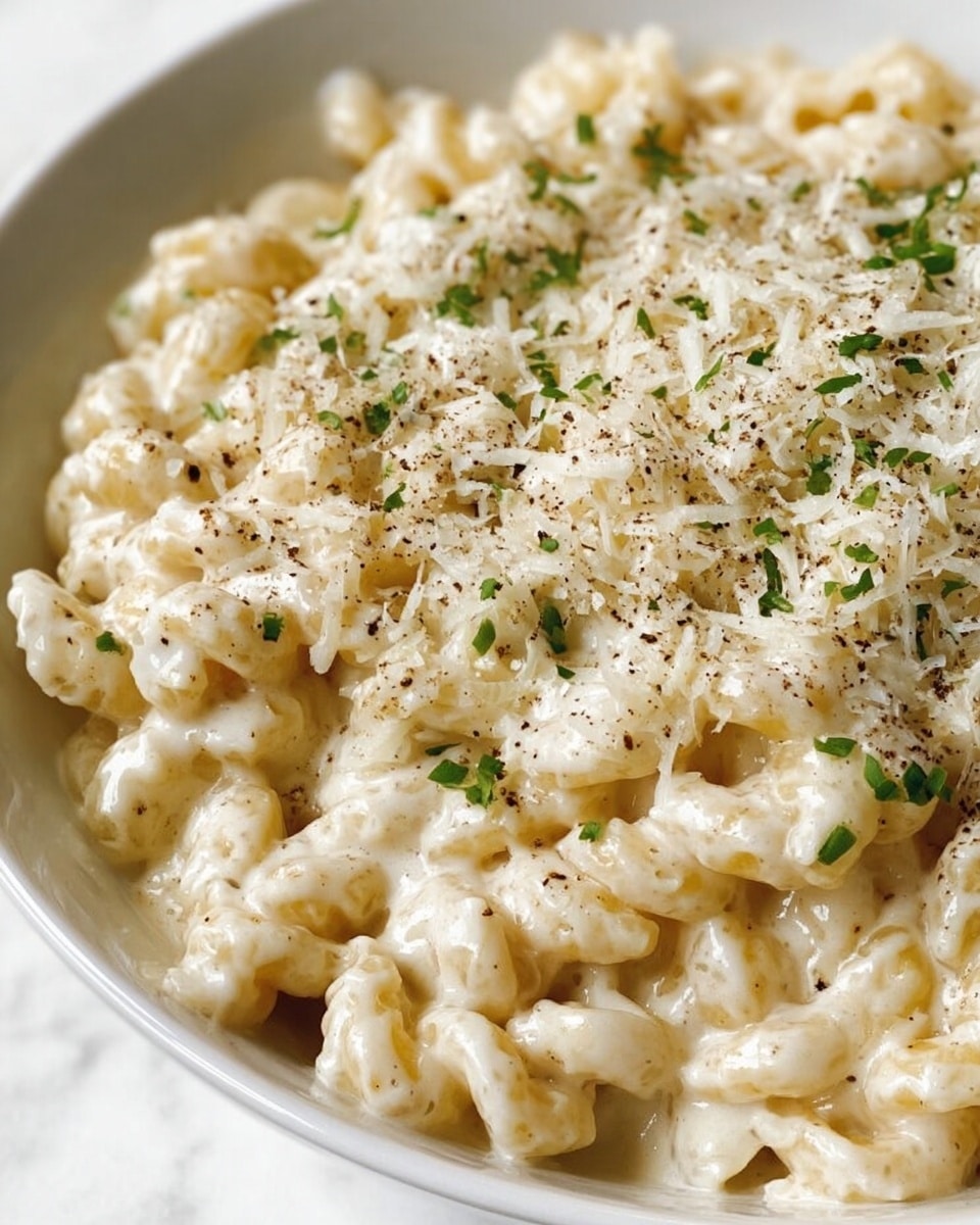 The image shows a close-up of creamy pasta with short, twisted noodles coated in a thick white sauce. The dish has a layer of finely grated cheese on top, with a light sprinkle of black pepper and small green herb pieces scattered over the surface. The pasta fills a white bowl sitting on a white marbled texture. The sauce looks smooth and rich, covering every spiral of the noodles, making the dish appear soft and inviting. photo taken with an iphone --ar 4:5 --v 7