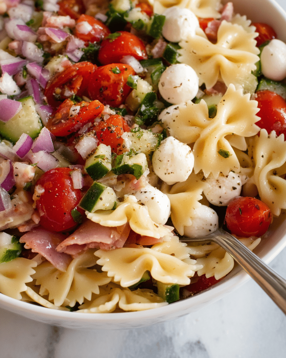 A close-up view of a white bowl filled with a colorful pasta salad consisting of three main layers: the first layer is light cream-colored bowtie pasta with a smooth texture, spread throughout the bowl; the second layer includes small white mozzarella balls scattered evenly, along with chopped red tomatoes and thin slices of purple onion adding bright pops of color; the third layer contains chopped dark green basil leaves and small pieces of green cucumber, all mixed with small bits of pink ham. The ingredients are coated lightly with oil and speckled with black pepper. A silver spoon is visible at the bottom, partially covered by the salad. The bowl sits on a white marbled surface. Photo taken with an iphone --ar 4:5 --v 7