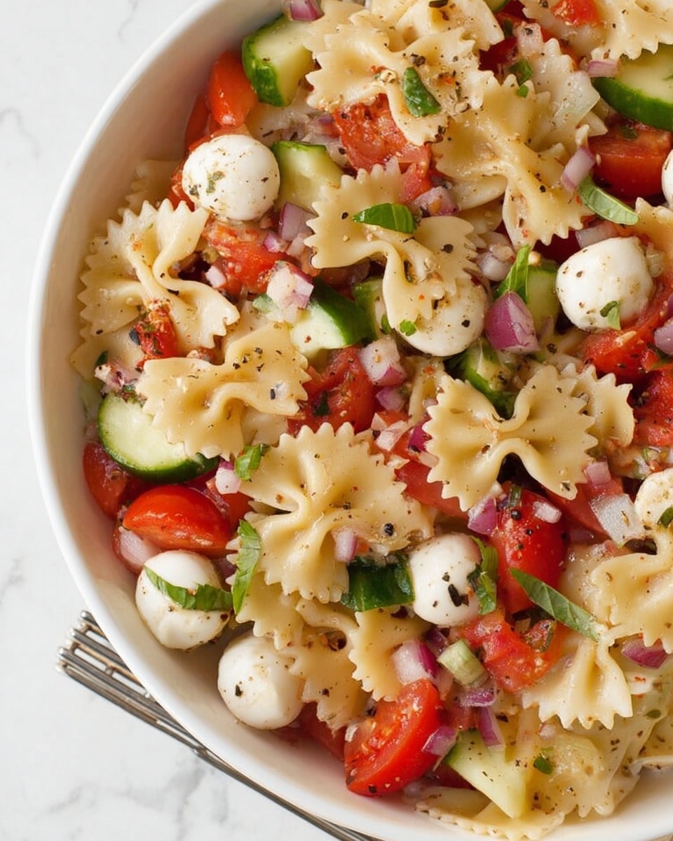 The image shows a close-up of a white bowl filled with a colorful pasta salad. The bottom layer consists of pale yellow bowtie pasta scattered evenly. Mixed throughout are small white mozzarella balls with a smooth texture. Bright red diced tomatoes and red onion pieces add a fresh and juicy appearance, while slices of green cucumbers add contrast. Thin strips of fresh green basil leaves are spread across the dish. The salad appears lightly coated with a glossy dressing and sprinkled with black pepper for texture. The bowl sits on a white marbled surface with part of a metal rack visible below. photo taken with an iphone --ar 4:5 --v 7