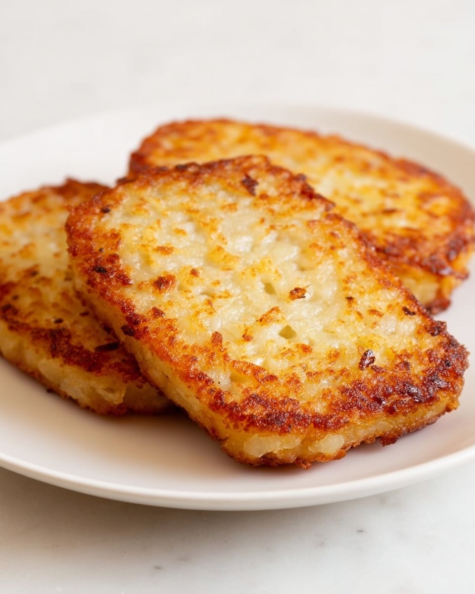 Three golden brown hash brown patties with a crispy texture and small bits of grated potato visible, stacked slightly overlapping each other on a simple white plate, all placed on a white marbled surface. photo taken with an iphone --ar 4:5 --v 7