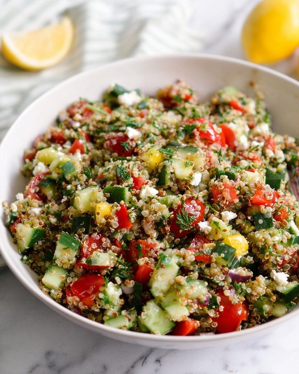 A white bowl filled with a colorful grain salad on a white marbled texture. The salad has many layers mixed together, showing small round quinoa grains as the base, light green chopped cucumbers, bright red pieces of cherry tomatoes, and green bell peppers. Scattered fresh green herbs add a touch of texture and color, with tiny bits of white feta cheese mixed throughout. The salad looks fresh and moist with a light dressing coating all ingredients evenly. A halved lemon is blurred in the background near the bowl. photo taken with an iphone --ar 4:5 --v 7