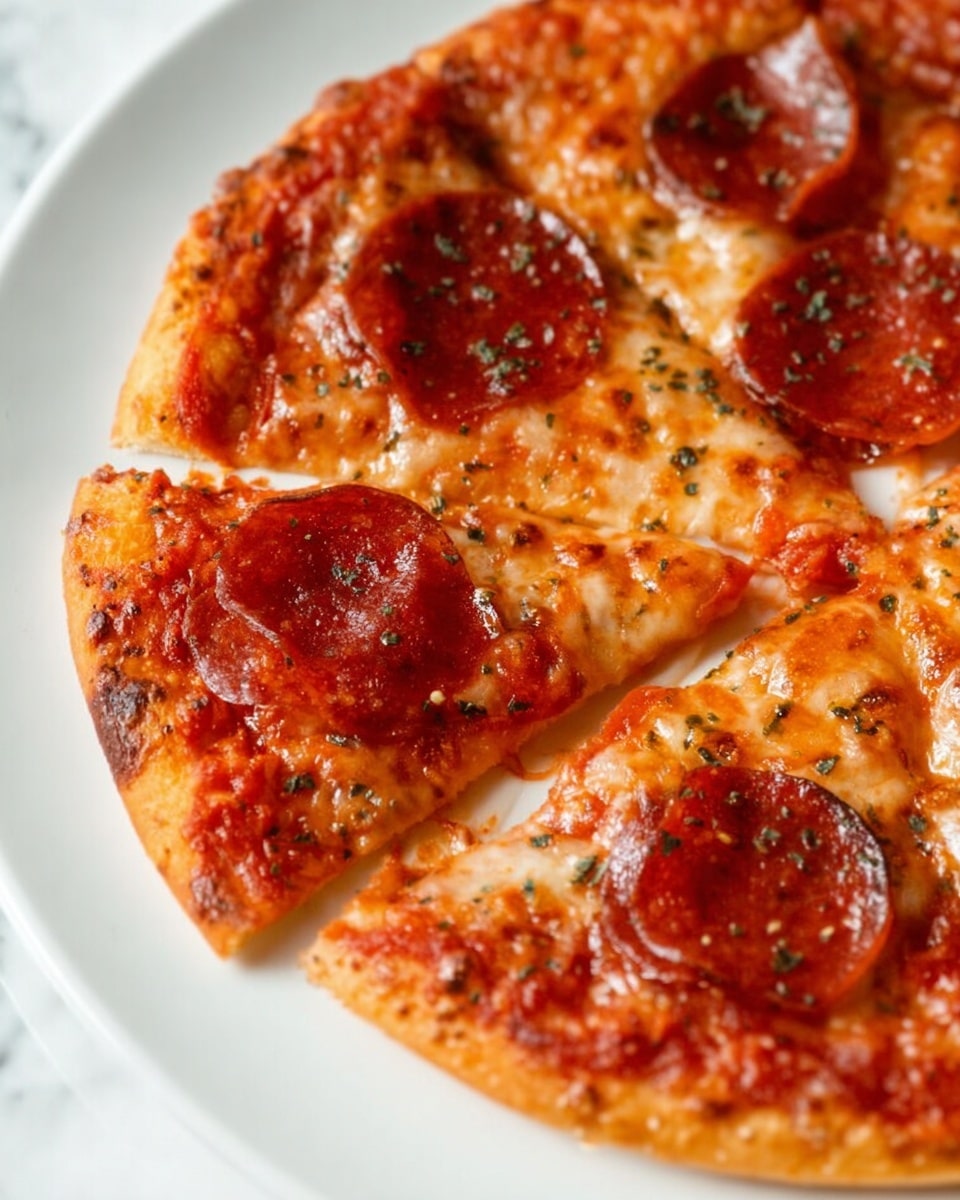 A round pepperoni pizza is shown on a white plate with a white marbled texture surface beneath. The pizza has a golden-brown crust with slightly darker toasted spots around the edges. The first layer is a thin crust base with a crisp texture, followed by a vibrant red tomato sauce spread evenly. On top of the sauce is a layer of melted cheese in a golden-orange tone, bubbling and slightly browned in spots. Large, shiny, dark red pepperoni slices with a slight curl at the edges are scattered on top, sprinkled with small green herbs, adding texture and contrast. The pizza is cut into slices, with one slice slightly pulled away to show the layers clearly. Photo taken with an iphone --ar 4:5 --v 7