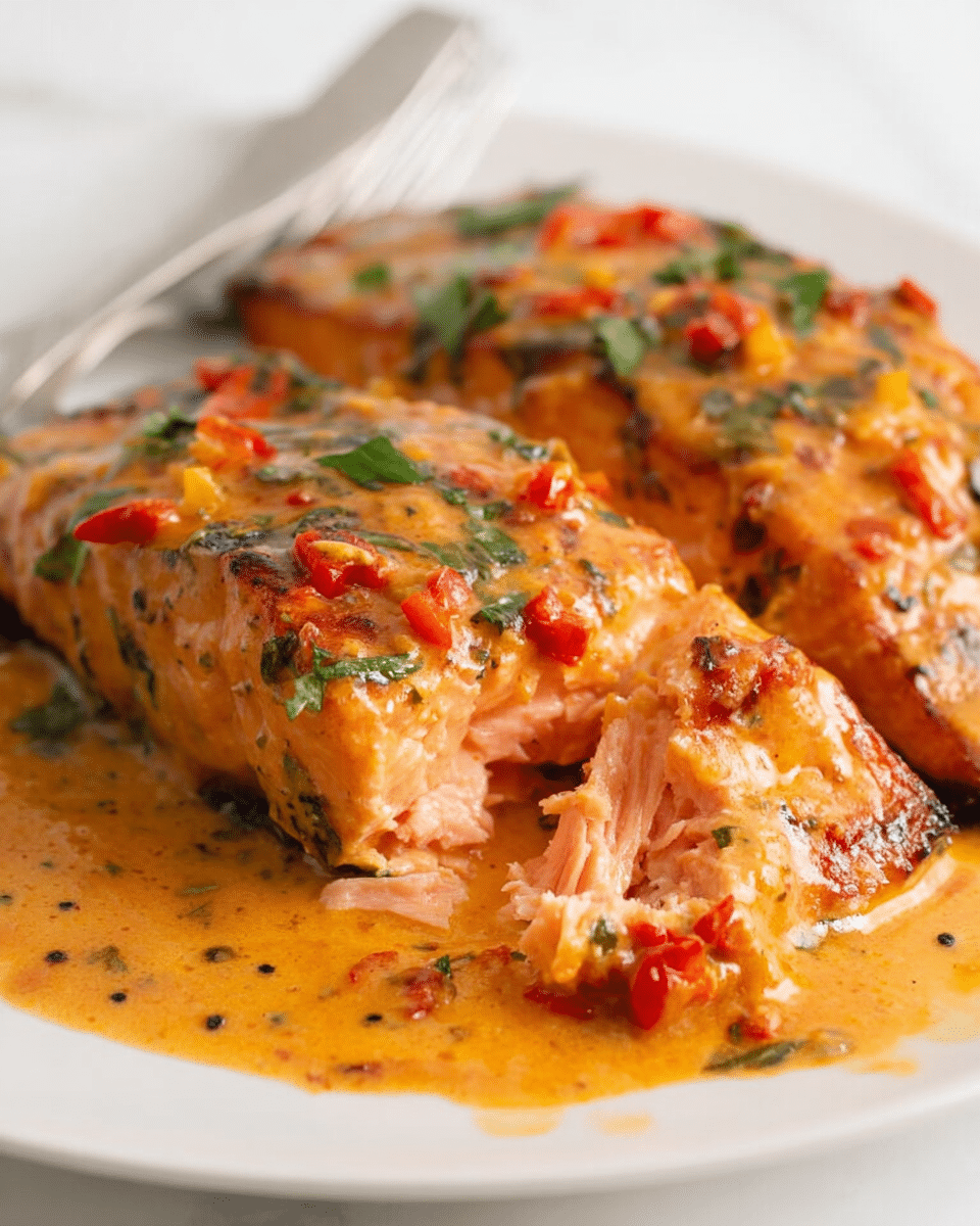 Two salmon fillets sit on a white plate over a white marbled surface, covered in a thick orange sauce with small chunks of red and yellow peppers and green herbs scattered on top. The fish is cooked, with one fillet partially broken to show the soft, pink, flaky inside. The sauce has a creamy texture and slightly pools around the salmon, with some small black seasoning dots visible. In the background, a blurred silver fork rests on the plate edge. photo taken with an iphone --ar 4:5 --v 7