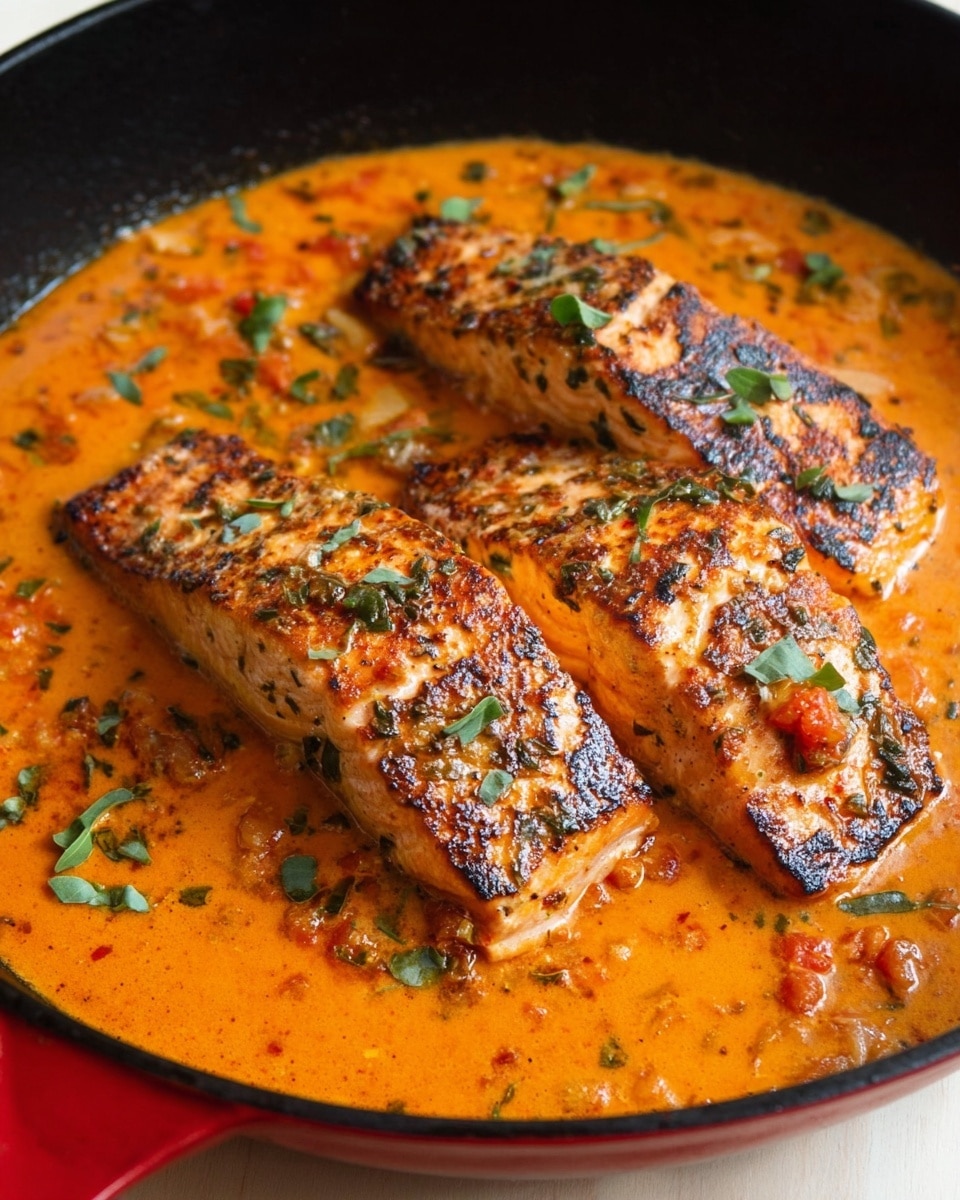 Three pieces of cooked salmon with a slightly charred texture on top are sitting in a red cast iron pan. The salmon is covered and surrounded by a thick orange sauce with visible chunks of tomatoes, garlic, and herbs. Small green leaves are sprinkled over the dish, adding a fresh touch. The pan’s inside is dark, contrasting with the vibrant orange sauce and the grilled salmon. The dish looks warm and hearty, ready to serve. Photo taken with an iphone --ar 4:5 --v 7