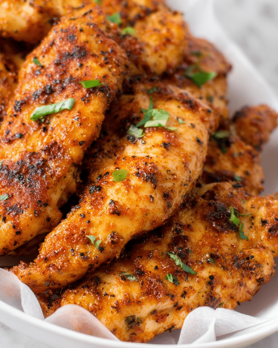 Close-up view of several pieces of grilled chicken tenders stacked in a shallow white bowl lined with white parchment paper. The chicken pieces have a golden brown color with visible char marks and a seasoned crust that includes black pepper and herbs. Small green herb bits are scattered on top of the chicken, adding a fresh touch. The texture of the chicken looks juicy and slightly crispy with a mix of darker and lighter brown areas showing where the seasoning has caramelized. The background shows a white marbled surface. photo taken with an iphone --ar 4:5 --v 7