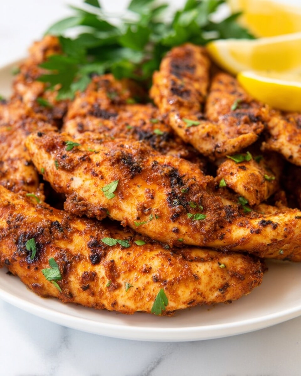 The image shows a close-up of several pieces of seasoned grilled chicken tenders on a white plate. The chicken pieces are a warm, golden-brown color with spots of darker char and sprinkled with small green herb bits. Some chicken pieces are slightly overlapping, displaying their rough, crispy textures. In the background, there are fresh green parsley leaves and a few lemon wedges adding a pop of yellow, all set against a white marbled surface. photo taken with an iphone --ar 4:5 --v 7