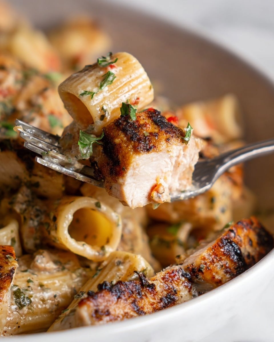 The image shows a close-up view of a dish with two main layers: the bottom layer is grilled chicken pieces with a golden brown, lightly charred texture, and the top layer consists of rigatoni pasta coated in creamy sauce with specks of herbs and small bits of red pepper. The pasta and chicken pieces are garnished with small pieces of fresh green herbs. A silver fork is holding some rigatoni pasta and a piece of chicken, lifted above the rest of the dish. The food is in a white bowl placed on a white marbled surface. photo taken with an iphone --ar 4:5 --v 7