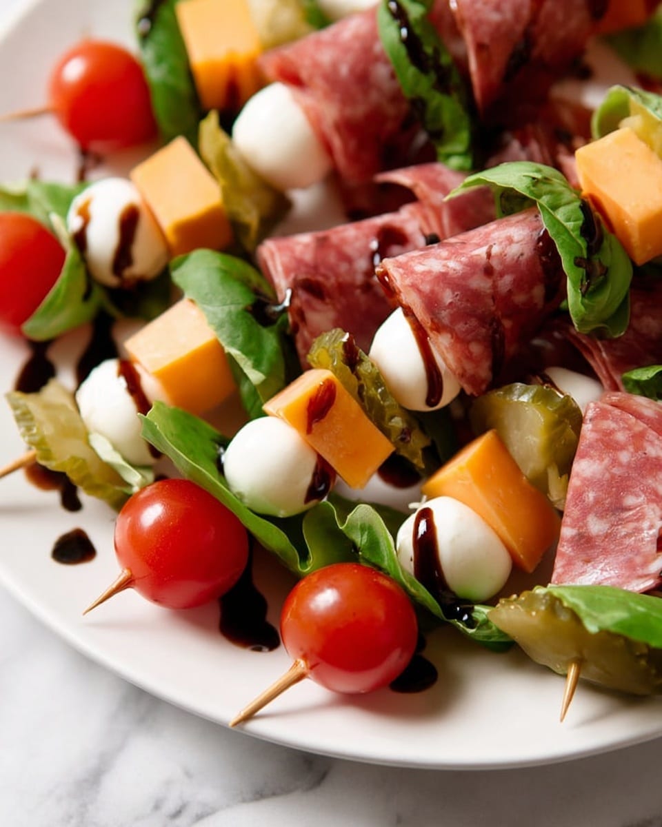 A close-up view of a white plate filled with an arrangement of small appetizer skewers and slices of rolled salami. Each skewer has three layers: a bright red cherry tomato at the bottom, a smooth white mozzarella ball in the middle, and fresh green leafy basil near the top. Between the skewers, there are folded slices of pinkish-red salami alongside cubes of bright orange cheese and green pickle slices. The whole dish is drizzled with a dark balsamic glaze, adding a shiny contrast. The plate is placed on a white marbled surface. photo taken with an iphone --ar 4:5 --v 7