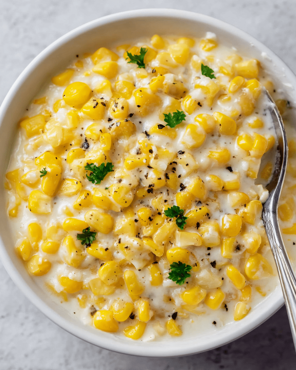 A close-up of a white bowl filled with creamy corn, showing two main layers: bright yellow corn kernels mixed with soft white melted cheese, all covered in a smooth, thick white sauce. Small black pepper specks are scattered all over, adding texture, and a few small green parsley leaves are placed on top for color contrast. A silver spoon peeks out from the right side of the bowl, resting on the creamy mix, all set against a white marbled texture background. photo taken with an iphone --ar 4:5 --v 7