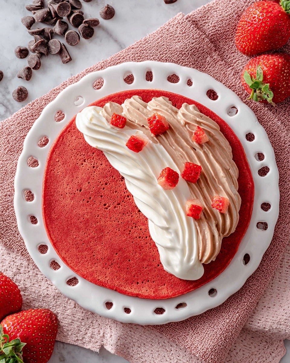 A single bright red pancake sits centered on a white decorative plate with small cut-out shapes around the edge. On the left half of the pancake, there is a thick layer of light brown whipped cream piped in wavy vertical lines. Scattered over the whipped cream are small chopped pieces of fresh red strawberries. The plate is placed on a pink textured cloth with some chocolate chips and whole strawberries casually placed nearby on a white marbled surface in the background. photo taken with an iphone --ar 4:5 --v 7