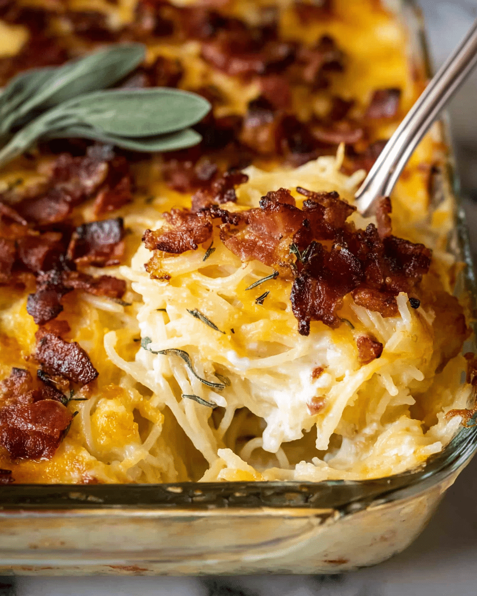 This image shows a close-up of a baked dish with three main layers. The bottom layer is white, soft cooked spaghetti noodles intertwined loosely. The middle layer is melted golden-yellow cheese that covers the noodles, with some parts melted deeply into the pasta. The top layer features crispy, dark brown bacon pieces scattered unevenly, adding texture and color contrast. A few green sage leaves lie on top to add a fresh look. The dish is in a clear glass baking dish, and a silver spoon is scooping some creamy, cheesy noodles from the corner. The background shows a white marbled texture. photo taken with an iphone --ar 4:5 --v 7