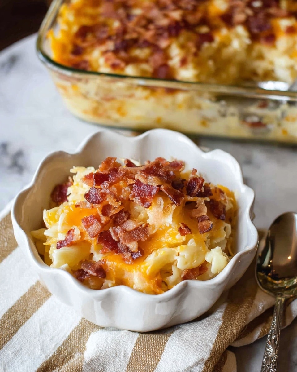 A white scalloped bowl filled with a warm baked macaroni and cheese dish topped with crispy bacon pieces. The macaroni is pale yellow with a creamy texture, while the melted cheese gives an orange-golden color mixed in. Crispy bacon adds reddish-brown crispy chunks scattered on top and throughout. In the background, a glass baking dish holds more of the cheesy macaroni, showing a similar golden-brown crust on top. The scene is set on a soft white marbled texture with a striped beige cloth and a metal spoon nearby. photo taken with an iphone --ar 4:5 --v 7