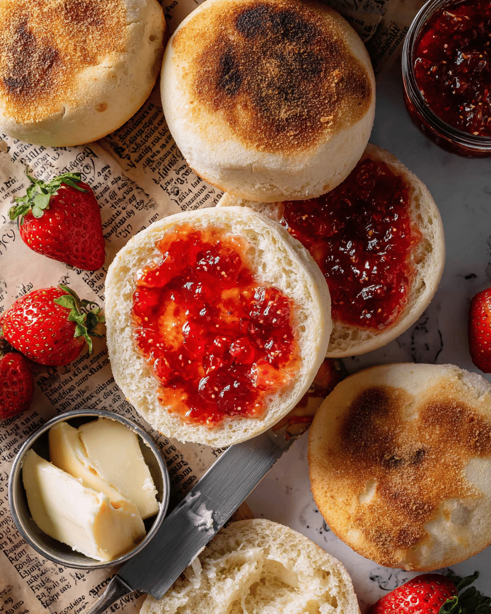 A close-up of several toasted English muffins arranged on a white marbled surface with pieces of newspaper underneath. One muffin is split open showing three layers: a lightly golden toasted bottom layer with a soft, airy white texture on top, covered by a vibrant red strawberry jam layer with a glossy, slightly chunky texture. Around the muffins are fresh red strawberries with green stems and a small metal container filled with creamy white butter. A knife with jam residue rests near the open muffin. The lighting highlights the golden-brown crust and soft interior texture of the muffins. photo taken with an iphone --ar 4:5 --v 7