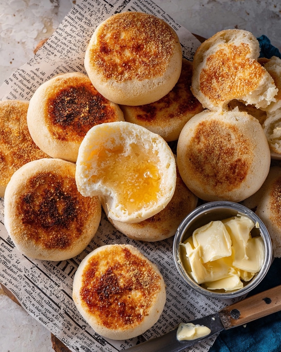 A group of round, golden-brown English muffins is arranged on printed paper over a white marbled surface, many showing their soft, spongy inner texture with some muffins cut open. The muffins have a slightly rough, toasted top with a light dusting of cornmeal. One muffin in the center is split in half and toasted, revealing melted butter pooling in its porous interior that glistens warmly. Next to the muffins, there is a small silver container filled with creamy, soft butter, and a butter knife rests nearby with some butter on its blade. The whole scene is bright and inviting, presenting the muffins as fresh and ready to eat photo taken with an iphone --ar 4:5 --v 7