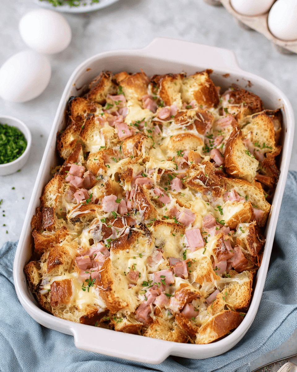 A white rectangular baking dish filled with a layered casserole consisting of roughly torn golden brown bread pieces as the visible top layer, mixed with melted creamy cheese covering much of the bread, and small cubes of pink ham scattered evenly throughout. The dish is garnished with finely chopped green herbs sprinkled on top. The background shows a white marbled texture with a soft blue cloth partially under the dish, a few white eggs in a white carton in the upper right corner, and a small white bowl with green herbs nearby. Photo taken with an iphone --ar 4:5 --v 7